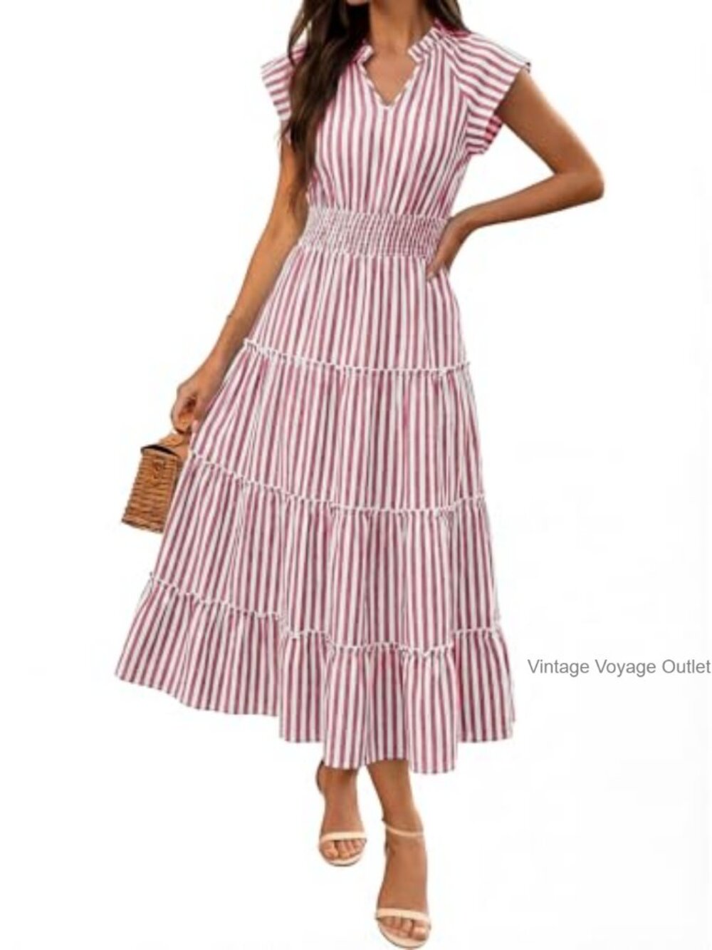 Women's Maxi Dress V Neck Cap Sleeve Tiered Flowy Rayon Beach Sundress